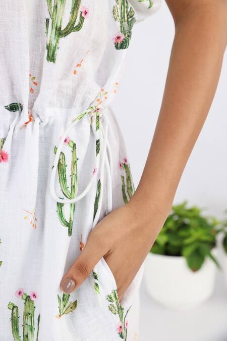 Studio Moda India_White Linen Round Neck Cactus Print Jumpsuit_Online_at_Aza_Fashions