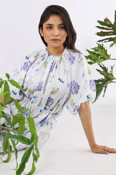 Studio Moda India_White Linen Applique Round Neck Floral Work Sleeve Jumpsuit_Online_at_Aza_Fashions