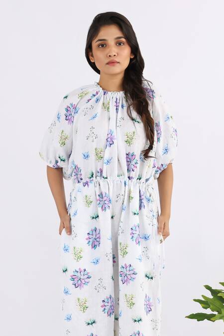 Buy_Studio Moda India_White Linen Applique Round Neck Floral Work Sleeve Jumpsuit_Online_at_Aza_Fashions