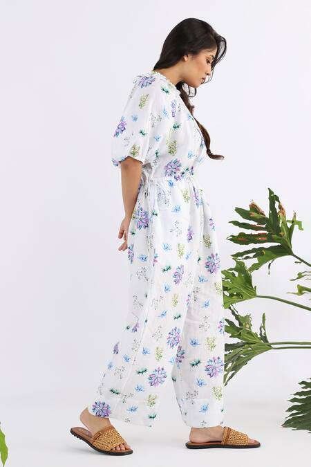 Shop_Studio Moda India_White Linen Applique Round Neck Floral Work Sleeve Jumpsuit_Online_at_Aza_Fashions