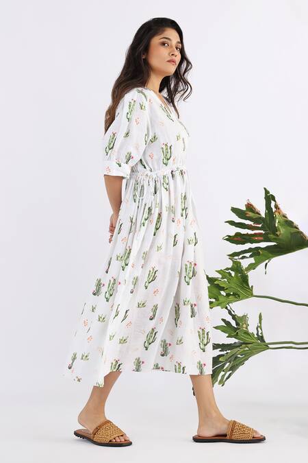Studio Moda India White Linen V-neck Cactus Seamless Print Cross Yoke Midi Dress Online at Aza Fashions Studio Moda India_White Linen V-neck Cactus Seamless Print Cross Yoke Midi Dress_Online_at_Aza_Fashions