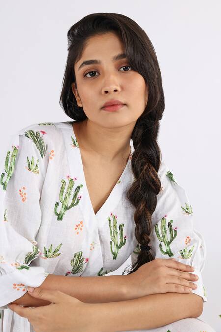 Buy Studio Moda India White Linen V-neck Cactus Seamless Print Cross Yoke Midi Dress Online at Aza Fashions Buy_Studio Moda India_White Linen V-neck Cactus Seamless Print Cross Yoke Midi Dress_Online_at_Aza_Fashions