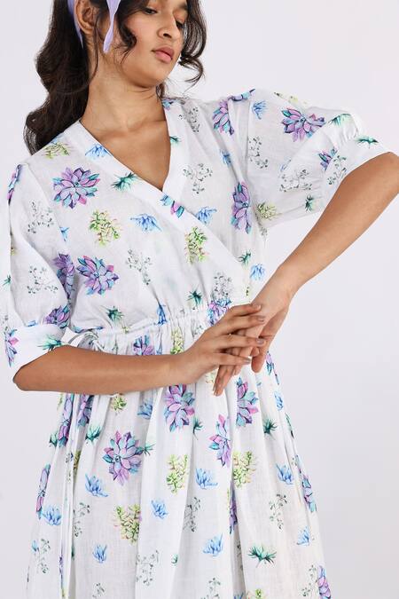 Studio Moda India_White Linen V-neck Succulent Seamless Print Cross Yoke Midi Dress_Online_at_Aza_Fashions