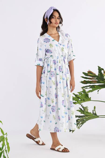 Buy_Studio Moda India_White Linen V-neck Succulent Seamless Print Cross Yoke Midi Dress_Online_at_Aza_Fashions