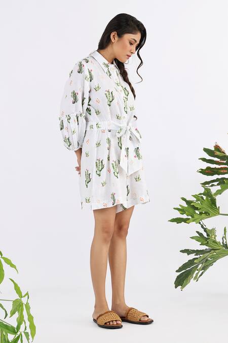 Studio Moda India_White Linen Collared Cactus Seamless Print Playsuit_Online_at_Aza_Fashions