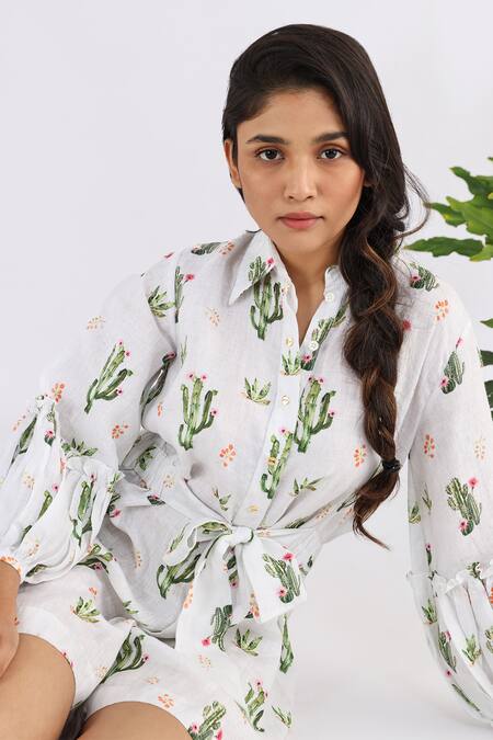 Buy_Studio Moda India_White Linen Collared Cactus Seamless Print Playsuit_Online_at_Aza_Fashions
