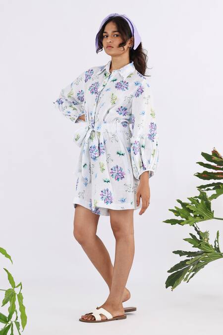 Studio Moda India White Linen Collared Succulent Seamless Print Playsuit Online at Aza Fashions Studio Moda India_White Linen Collared Succulent Seamless Print Playsuit_Online_at_Aza_Fashions