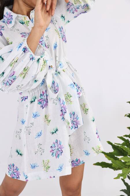Buy Studio Moda India White Linen Collared Succulent Seamless Print Playsuit Online at Aza Fashions Buy_Studio Moda India_White Linen Collared Succulent Seamless Print Playsuit_Online_at_Aza_Fashions