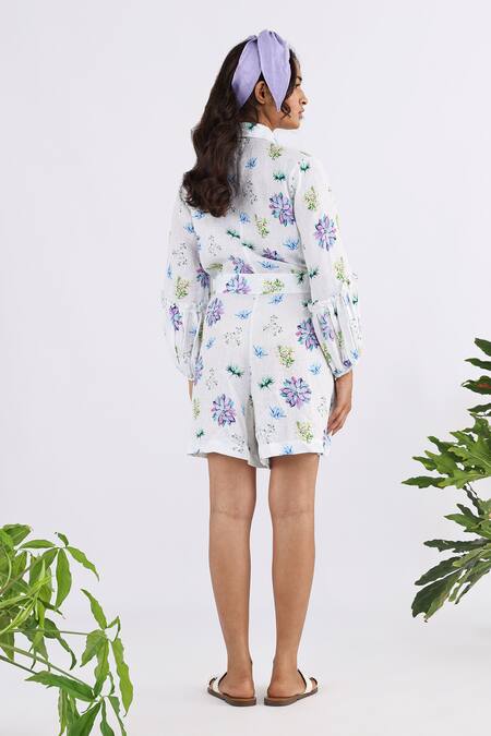 Shop Studio Moda India White Linen Collared Succulent Seamless Print Playsuit at Aza Fashions Shop_Studio Moda India_White Linen Collared Succulent Seamless Print Playsuit_at_Aza_Fashions