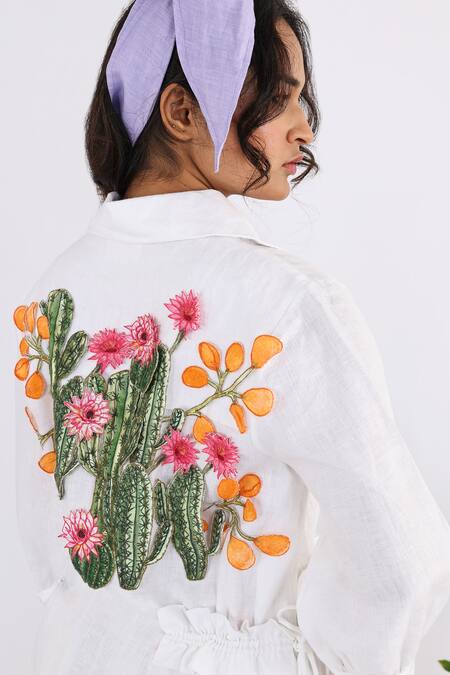 Buy Studio Moda India White Linen Embroidery Collared Floral Applique Work Shirt Online at Aza Fashions Buy_Studio Moda India_White Linen Embroidery Collared Floral Applique Work Shirt _Online_at_Aza_Fashions