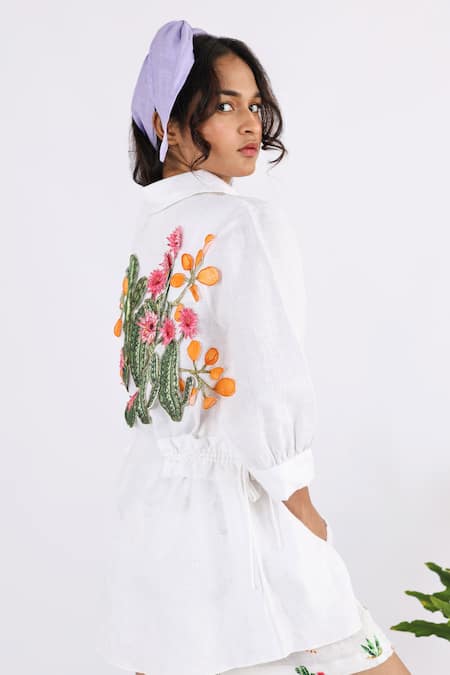 Shop Studio Moda India White Linen Embroidery Collared Floral Applique Work Shirt at Aza Fashions Shop_Studio Moda India_White Linen Embroidery Collared Floral Applique Work Shirt _at_Aza_Fashions