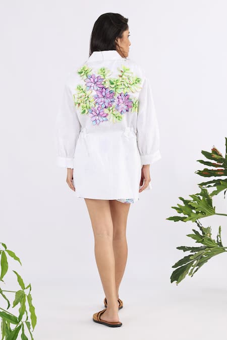 Shop Studio Moda India White Linen Embroidery Collared Floral Bouquet Applique Work Shirt at Aza Fashions Shop_Studio Moda India_White Linen Embroidery Collared Floral Bouquet Applique Work Shirt _at_Aza_Fashions