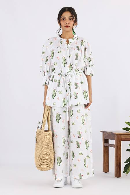 Buy Studio Moda India White Linen Succulent Seamless Print Pant Online at Aza Fashions Buy_Studio Moda India_White Linen Succulent Seamless Print Pant_Online_at_Aza_Fashions