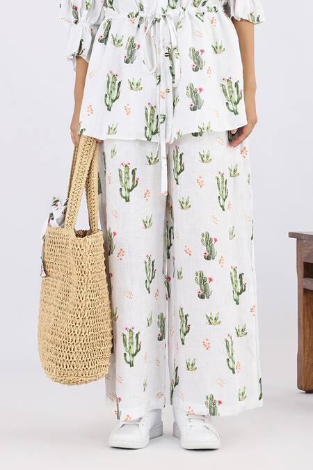 Shop Studio Moda India White Linen Succulent Seamless Print Pant Online at Aza Fashions Shop_Studio Moda India_White Linen Succulent Seamless Print Pant_Online_at_Aza_Fashions