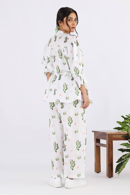 Shop Studio Moda India White Linen Succulent Seamless Print Pant at Aza Fashions Shop_Studio Moda India_White Linen Succulent Seamless Print Pant_at_Aza_Fashions