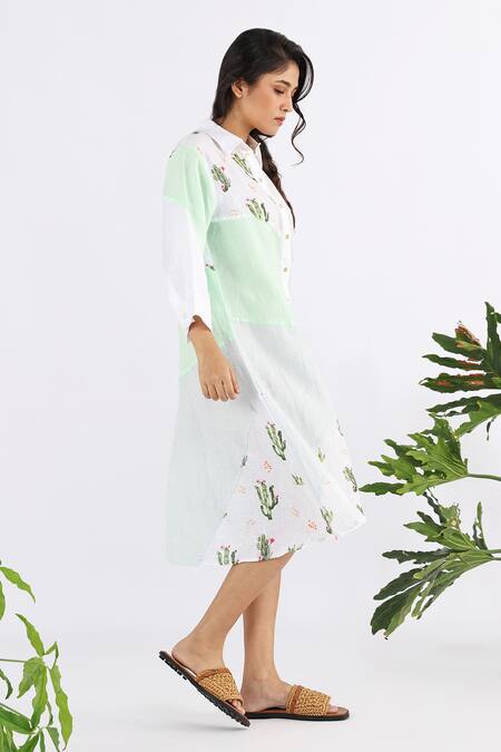 Studio Moda India_White Linen Embroidery Collared Cactus Print Dress _Online_at_Aza_Fashions