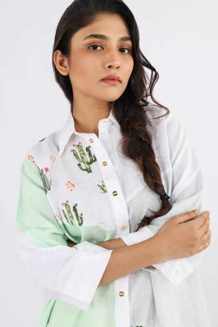 Buy_Studio Moda India_White Linen Embroidery Collared Cactus Print Dress _Online_at_Aza_Fashions