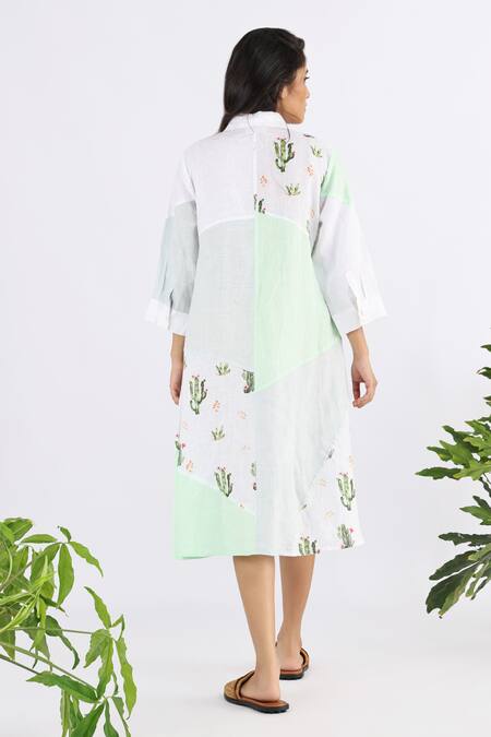 Shop_Studio Moda India_White Linen Embroidery Collared Cactus Print Dress _at_Aza_Fashions