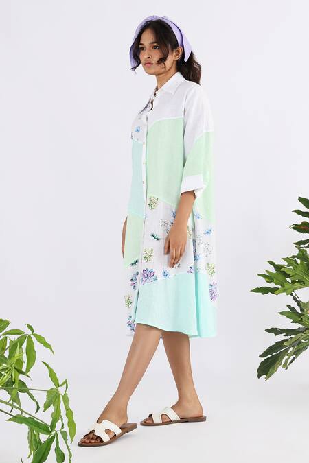 Studio Moda India_White Linen Embroidery Collared Succulent Print Dress_Online_at_Aza_Fashions