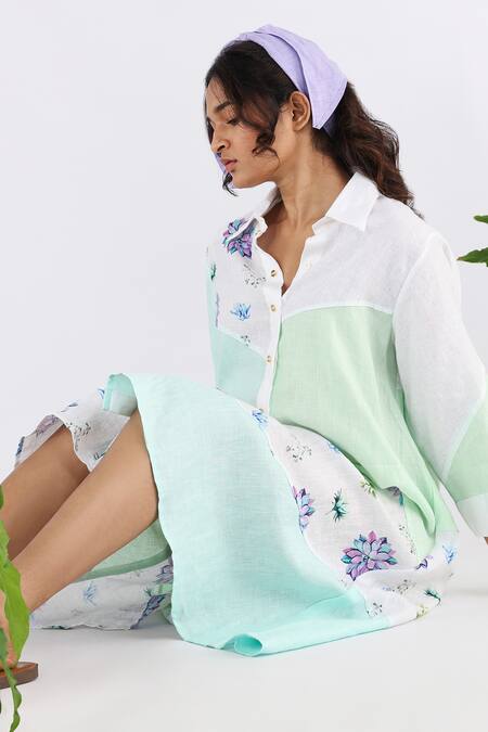 Buy_Studio Moda India_White Linen Embroidery Collared Succulent Print Dress_Online_at_Aza_Fashions