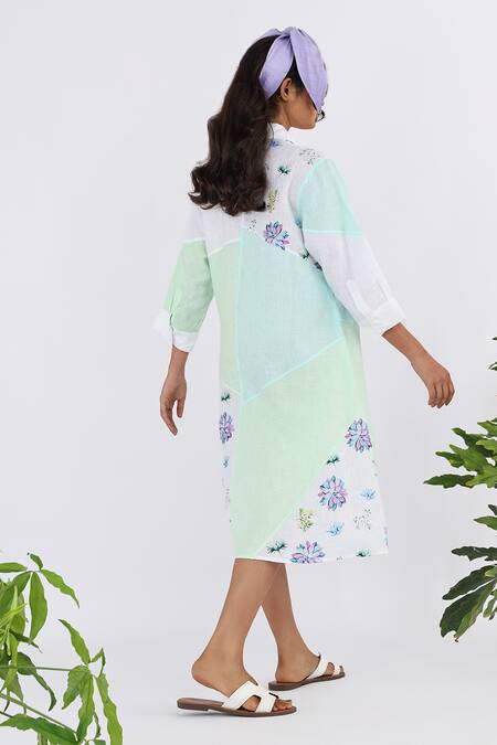 Shop_Studio Moda India_White Linen Embroidery Collared Succulent Print Dress_at_Aza_Fashions