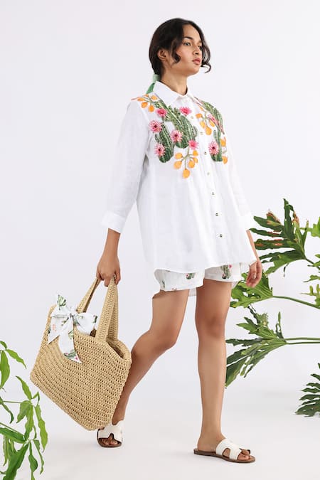 Buy Studio Moda India White Linen Embroidery Collared Floral Applique Work Shirt Online at Aza Fashions Buy_Studio Moda India_White Linen Embroidery Collared Floral Applique Work Shirt _Online_at_Aza_Fashions