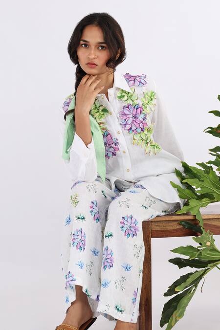 Studio Moda India_White Linen Embroidery Collared Succulent Applique Work Shirt _Online_at_Aza_Fashions