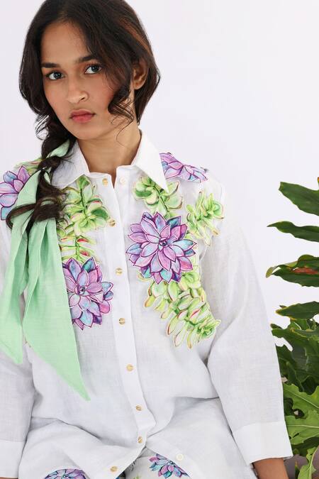 Buy_Studio Moda India_White Linen Embroidery Collared Succulent Applique Work Shirt _Online_at_Aza_Fashions