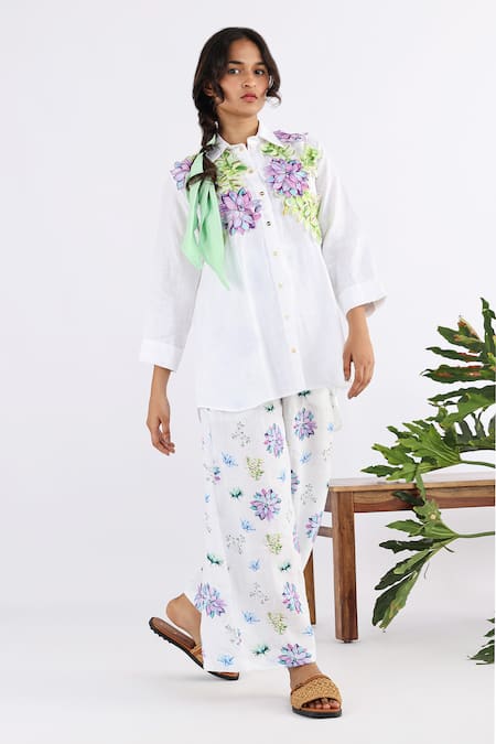 Studio Moda India White 100% Linen Embroidered Floral Applique Collar Succulent Work Shirt 