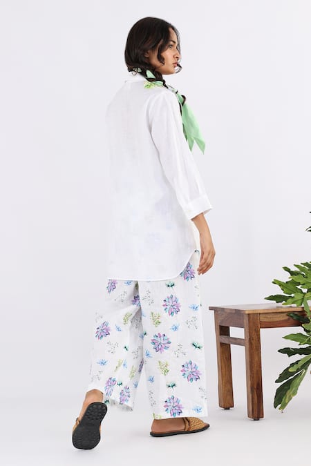 Shop_Studio Moda India_White Linen Embroidery Collared Succulent Applique Work Shirt _at_Aza_Fashions