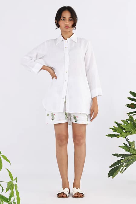 Studio Moda India White 100% Linen Printed Floral Collar Shirt 