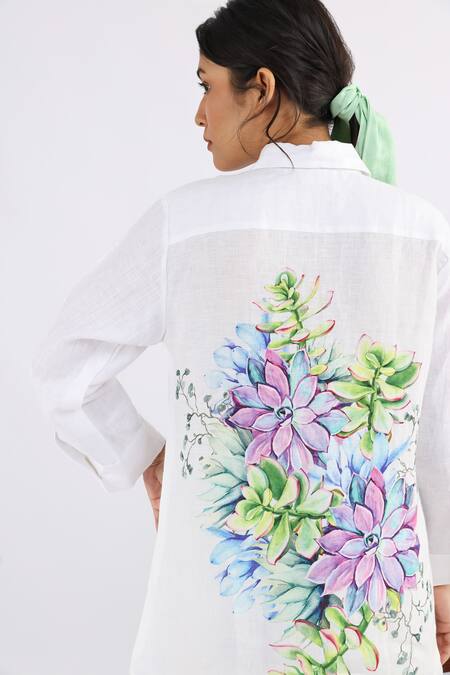Buy Studio Moda India White Linen Embroidery Collared Floral Bouquet Print Shirt Online at Aza Fashions Buy_Studio Moda India_White Linen Embroidery Collared Floral Bouquet Print Shirt_Online_at_Aza_Fashions