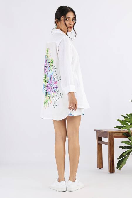 Shop Studio Moda India White Linen Embroidery Collared Floral Bouquet Print Shirt at Aza Fashions Shop_Studio Moda India_White Linen Embroidery Collared Floral Bouquet Print Shirt_at_Aza_Fashions