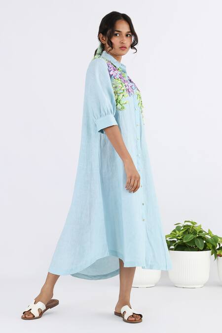 Studio Moda India Blue Linen Embroidery Collared Floral Applique Work Shirt Dress Online at Aza Fashions Studio Moda India_Blue Linen Embroidery Collared Floral Applique Work Shirt Dress _Online_at_Aza_Fashions