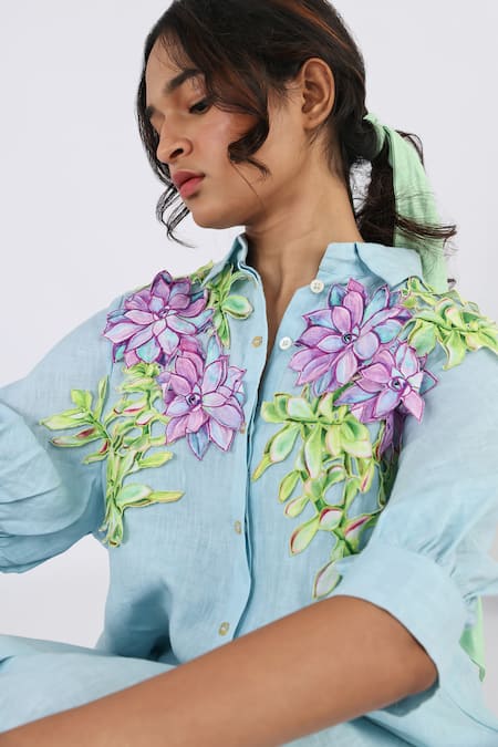 Buy Studio Moda India Blue Linen Embroidery Collared Floral Applique Work Shirt Dress Online at Aza Fashions Buy_Studio Moda India_Blue Linen Embroidery Collared Floral Applique Work Shirt Dress _Online_at_Aza_Fashions