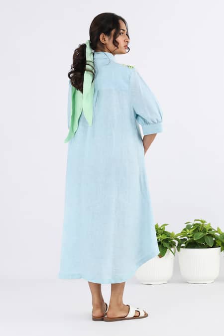 Shop Studio Moda India Blue Linen Embroidery Collared Floral Applique Work Shirt Dress at Aza Fashions Shop_Studio Moda India_Blue Linen Embroidery Collared Floral Applique Work Shirt Dress _at_Aza_Fashions