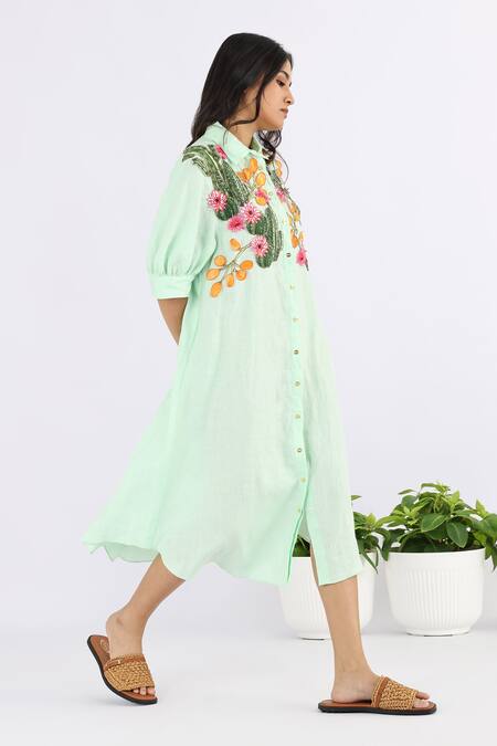 Studio Moda India_Green Linen Applique Collared Cactus Work Shirt Dress _Online_at_Aza_Fashions