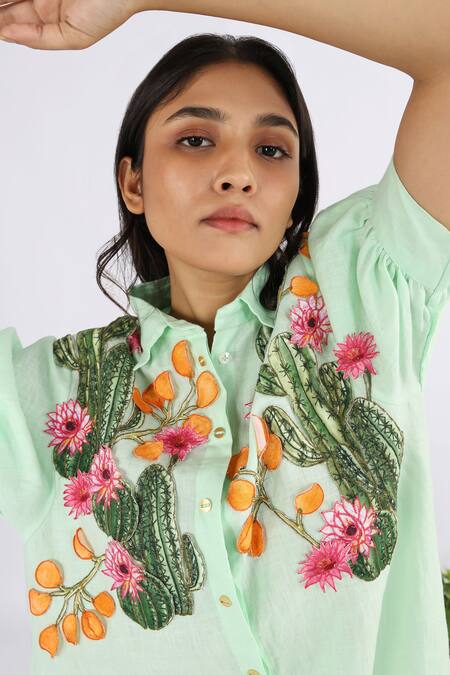 Buy_Studio Moda India_Green Linen Applique Collared Cactus Work Shirt Dress _Online_at_Aza_Fashions