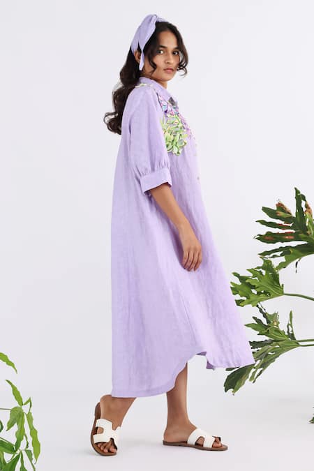 Studio Moda India Purple Linen Embroidery Collared Floral Bouquet Applique Work Shirt Dress Online at Aza Fashions Studio Moda India_Purple Linen Embroidery Collared Floral Bouquet Applique Work Shirt Dress _Online_at_Aza_Fashions