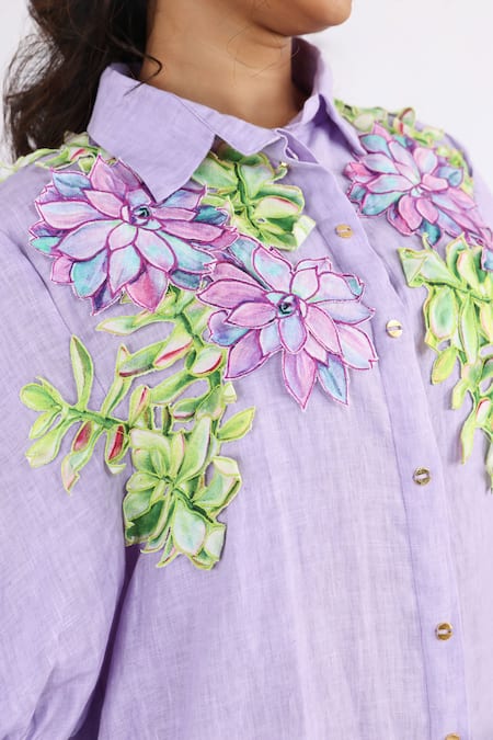 Buy Studio Moda India Purple Linen Embroidery Collared Floral Bouquet Applique Work Shirt Dress Online at Aza Fashions Buy_Studio Moda India_Purple Linen Embroidery Collared Floral Bouquet Applique Work Shirt Dress _Online_at_Aza_Fashions