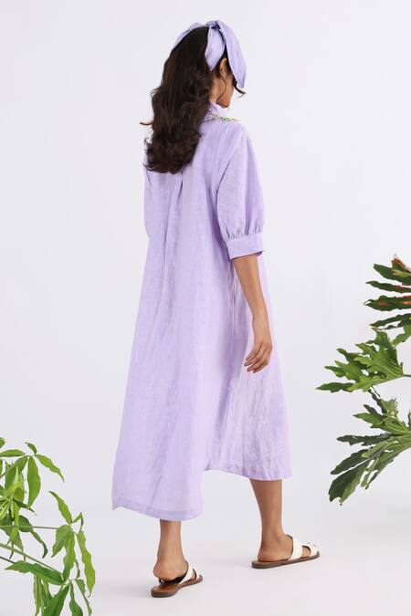 Shop Studio Moda India Purple Linen Embroidery Collared Floral Bouquet Applique Work Shirt Dress at Aza Fashions Shop_Studio Moda India_Purple Linen Embroidery Collared Floral Bouquet Applique Work Shirt Dress _at_Aza_Fashions