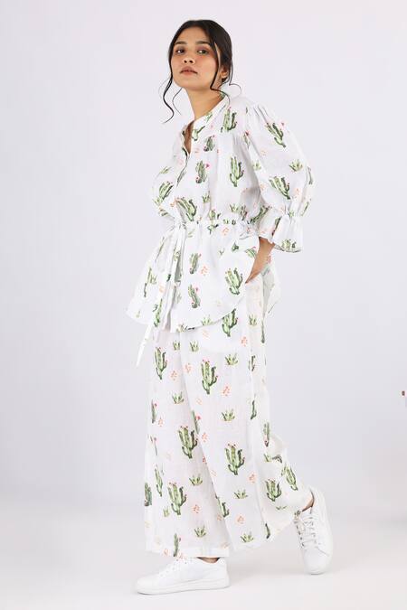 Studio Moda India White Linen Round Neck Cactus Print Drawstring Shirt Online at Aza Fashions Studio Moda India_White Linen Round Neck Cactus Print Drawstring Shirt_Online_at_Aza_Fashions