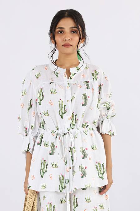 Buy Studio Moda India White Linen Round Neck Cactus Print Drawstring Shirt Online at Aza Fashions Buy_Studio Moda India_White Linen Round Neck Cactus Print Drawstring Shirt_Online_at_Aza_Fashions