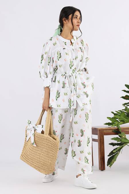 Shop Studio Moda India White Linen Round Neck Cactus Print Drawstring Shirt Online at Aza Fashions Shop_Studio Moda India_White Linen Round Neck Cactus Print Drawstring Shirt_Online_at_Aza_Fashions