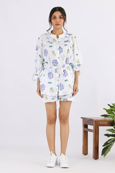 Studio Moda India White Linen Embroidery Round Neck Floral Print Drawstring Shirt Online at Aza Fashions Studio Moda India_White Linen Embroidery Round Neck Floral Print Drawstring Shirt_Online_at_Aza_Fashions