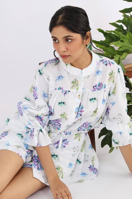 Buy Studio Moda India White Linen Embroidery Round Neck Floral Print Drawstring Shirt Online at Aza Fashions Buy_Studio Moda India_White Linen Embroidery Round Neck Floral Print Drawstring Shirt_Online_at_Aza_Fashions