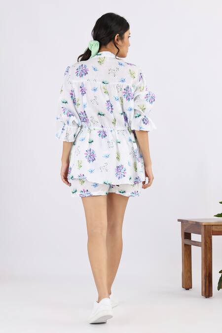 Shop Studio Moda India White Linen Embroidery Round Neck Floral Print Drawstring Shirt at Aza Fashions Shop_Studio Moda India_White Linen Embroidery Round Neck Floral Print Drawstring Shirt_at_Aza_Fashions