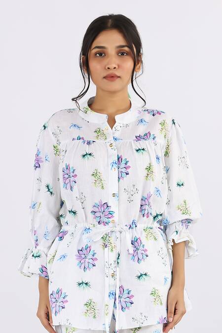 Shop Studio Moda India White Linen Embroidery Round Neck Floral Print Drawstring Shirt Online at Aza Fashions Shop_Studio Moda India_White Linen Embroidery Round Neck Floral Print Drawstring Shirt_Online_at_Aza_Fashions