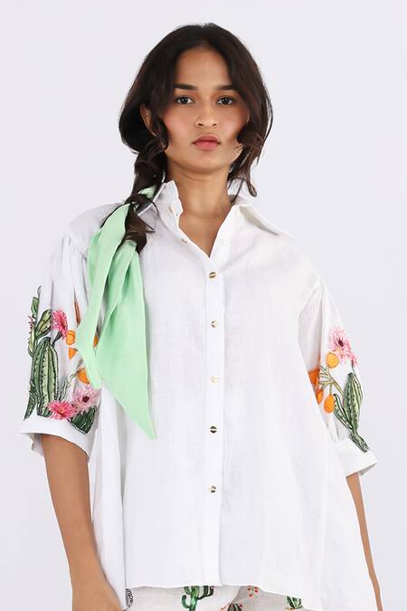 Studio Moda India White Linen Embroidery Collared Floral Applique Work Shirt Online at Aza Fashions Studio Moda India_White Linen Embroidery Collared Floral Applique Work Shirt _Online_at_Aza_Fashions