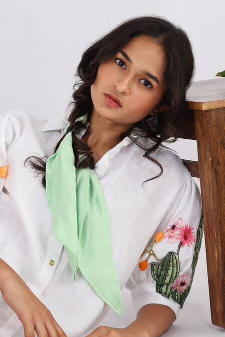 Buy Studio Moda India White Linen Embroidery Collared Floral Applique Work Shirt Online at Aza Fashions Buy_Studio Moda India_White Linen Embroidery Collared Floral Applique Work Shirt _Online_at_Aza_Fashions